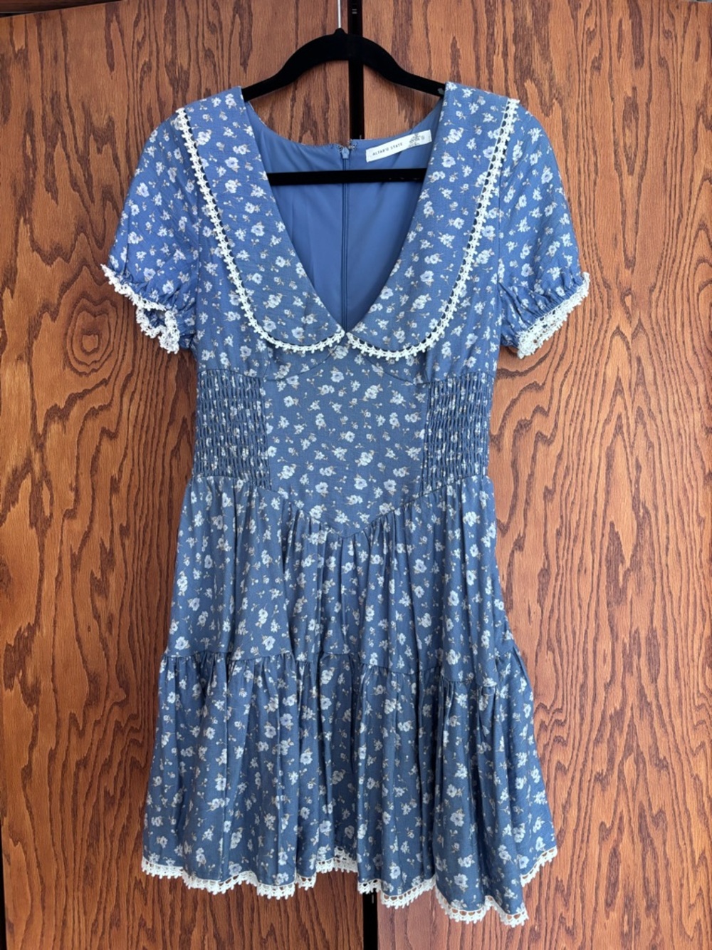 Altar'd State Blue Floral Lace-Trim Mini Dress
